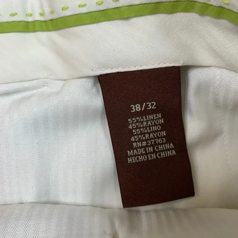 Cubavera Pants Mens 38 Ivory Linen Rayon Blend Herringbone Pleated Pocket Dress